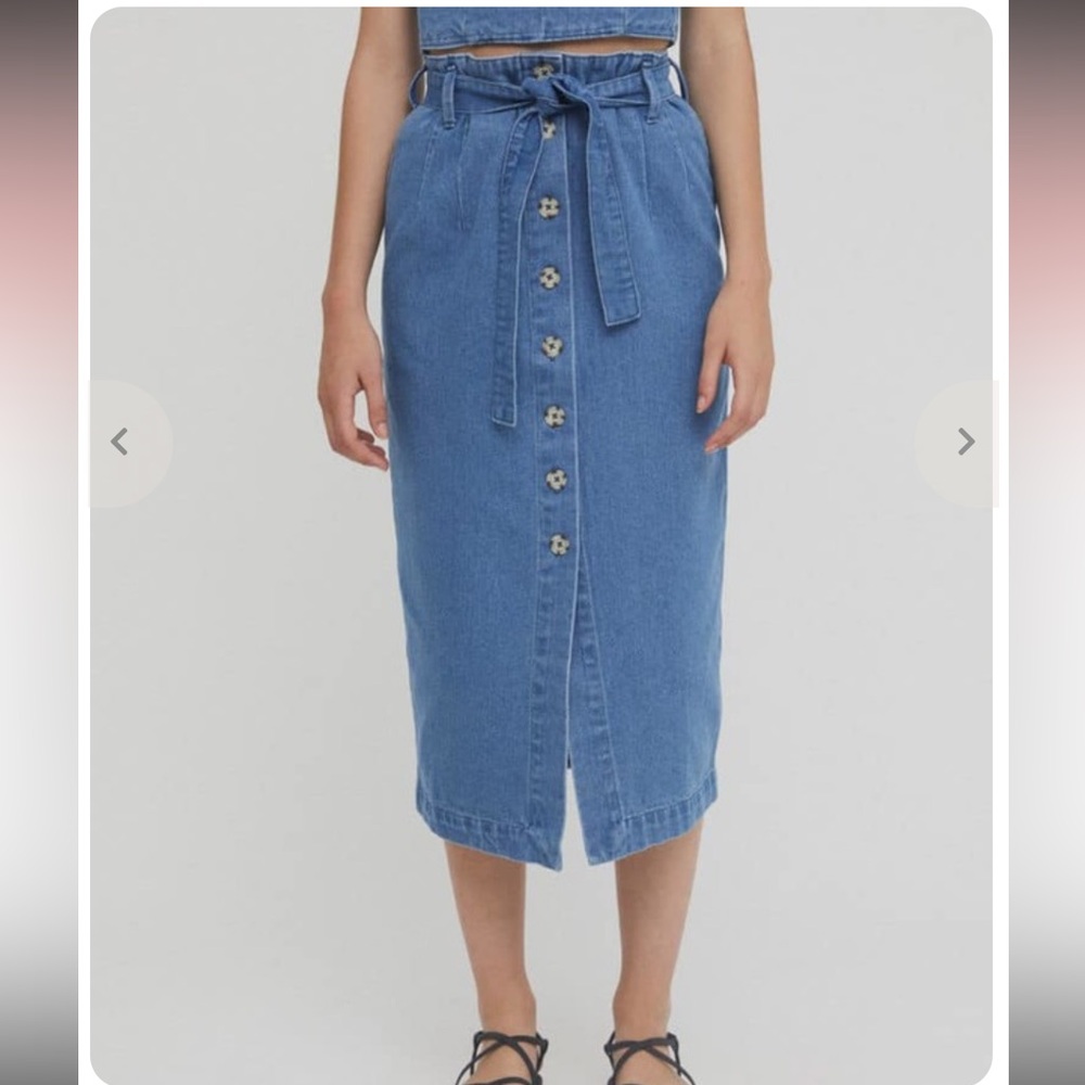 Anthropology Rita Row Denim Midi Skirt with Button Detail Tie Waist Size 36